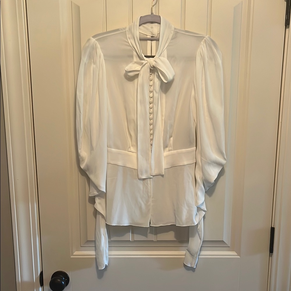 Dolce and Gabbana Elegant White Blouse with Bow and fabric button Detail